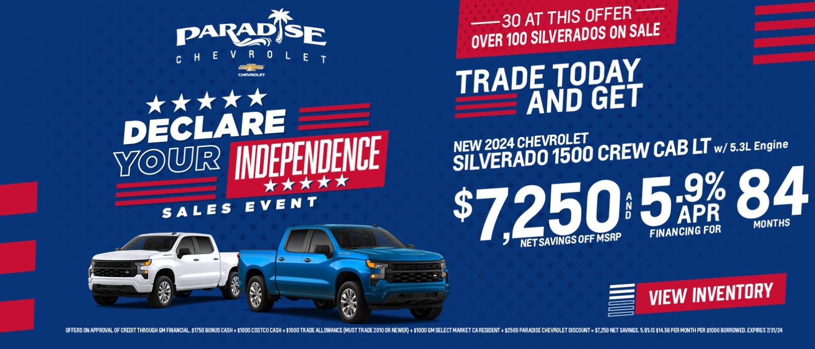 Save Up To $7,250 Off 2024 Chevy Silverado 1500s In stock at Paradise