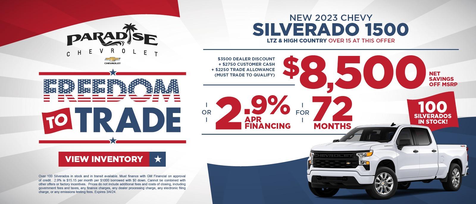 Up to $8,500 Off MSRP on 2023 Chevy Silverado 1500s In stock at Paradise