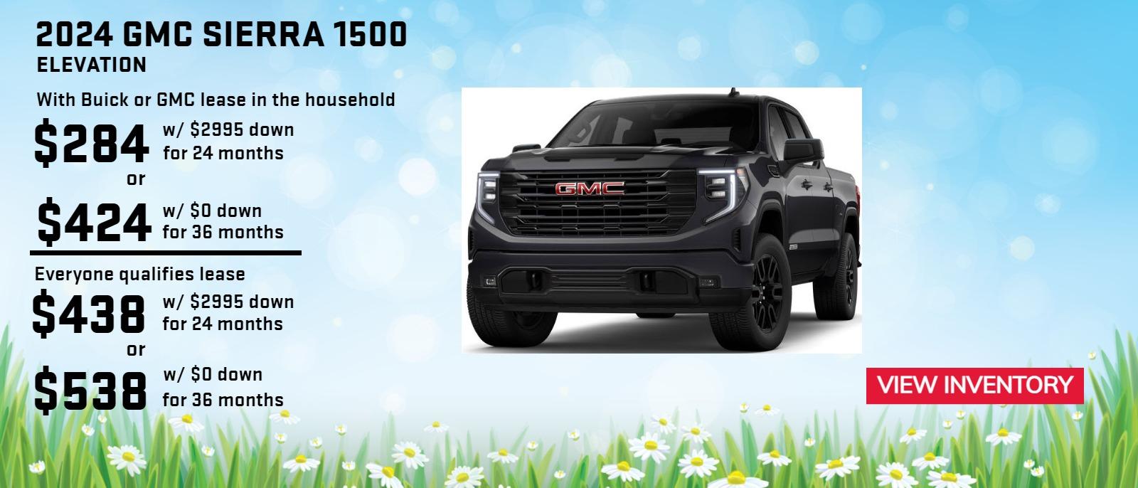 2024 GMC Sierra 1500 Elevation - With Buick or GMC lease in the household $284 w/ $2995 down for 24 months or $424 with $0 down for 36 months. Everyone qualifies lease $438 w/ $2995 down for 24 months or $538 with $0 down for 36 months.