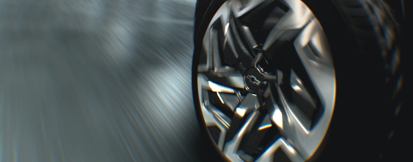 A close up shows the wheel of a 2023 Chevy Silverado EV after visiting a New Jersey electric car dealer.