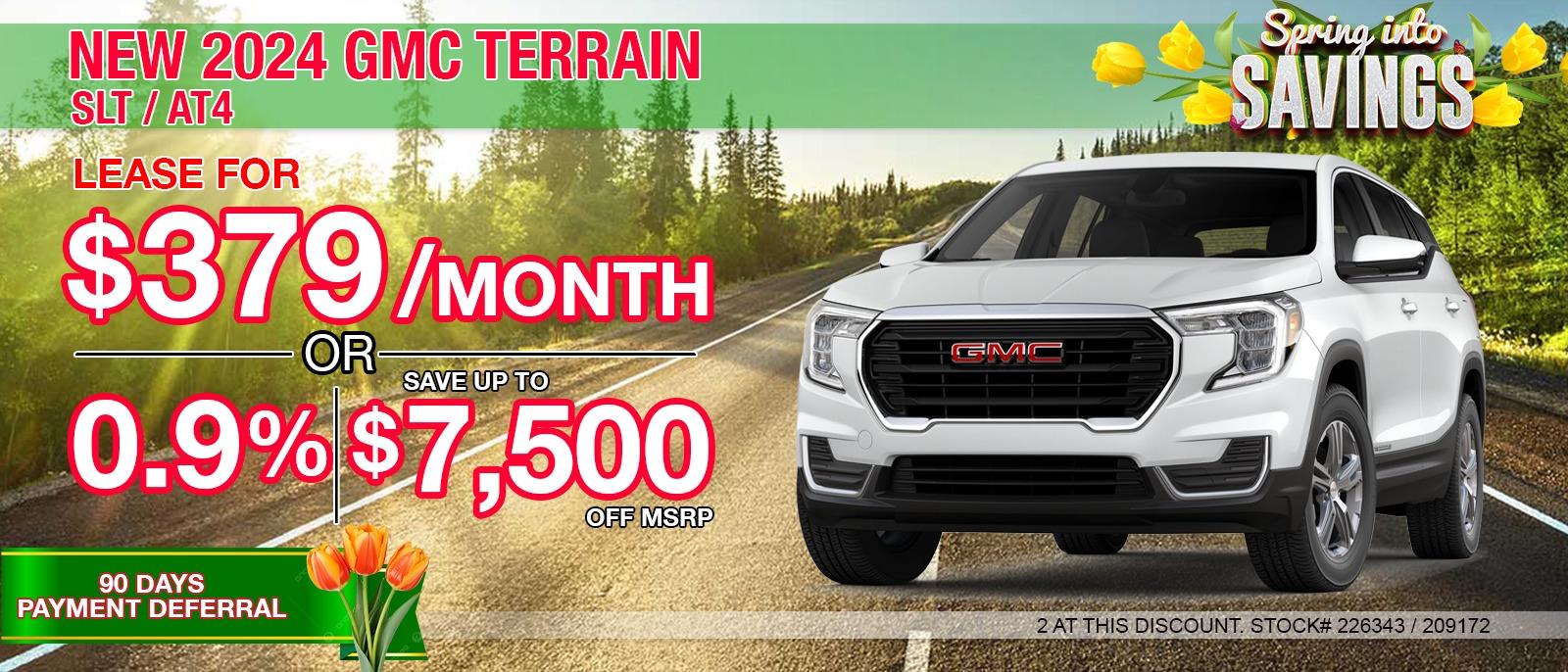 2024 GMC Terrain SLE. Your Net Savings After All Offers $7,500 OFF MSRP.