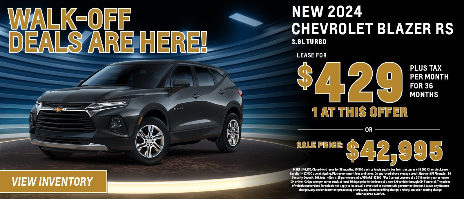 New 2024 Chevrolet Blazer RS
Lease for $429/36 months plus tax or Sale price $42,995
1 at this offer