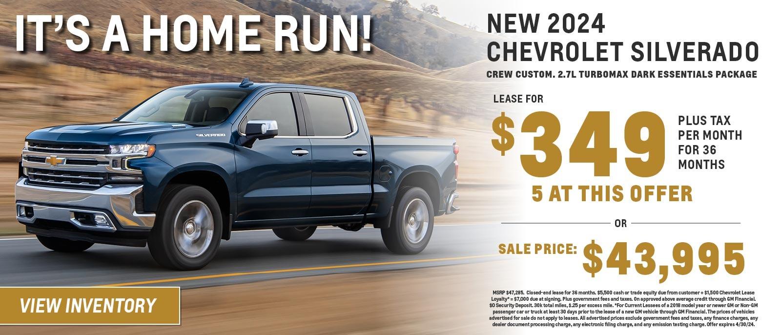 New 2024 Chevrolet Silverado Crew Custom 2.7L Turbomax Dark Essentials Package
Lease for $349/36 months plus tax or Sale price $43,995
5 at this offer