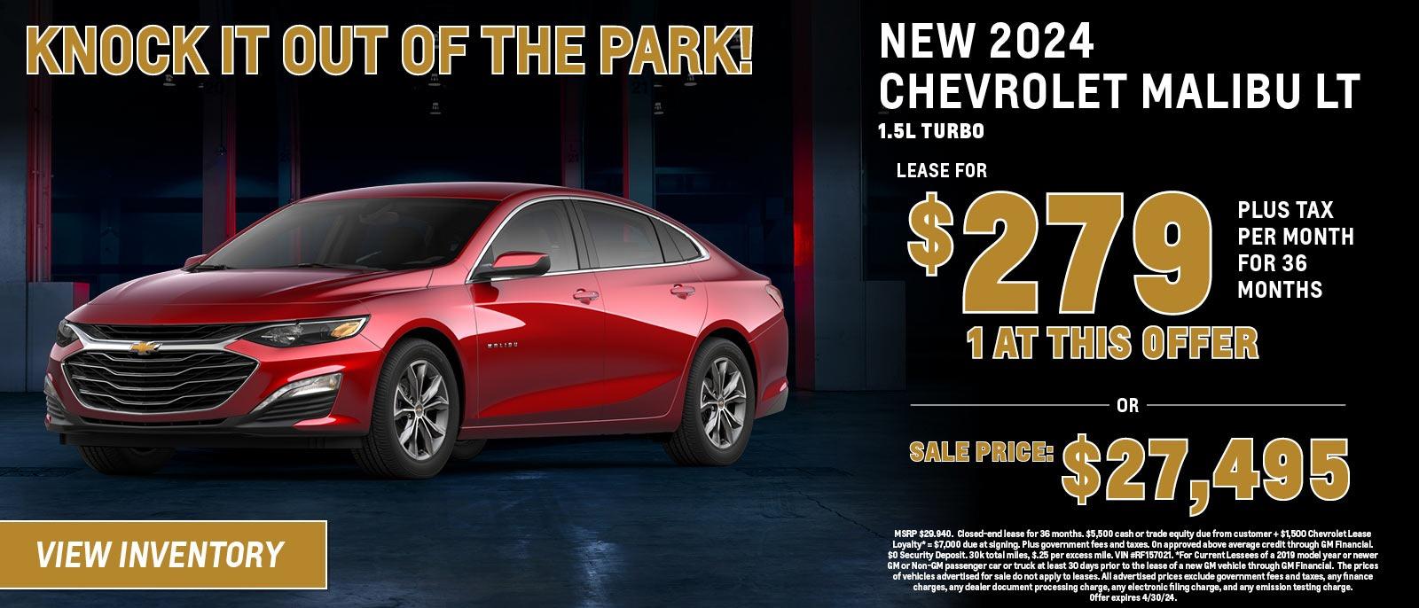 New 2024 Chevrolet Malibu LT
Lease for $279/36 months plus tax or Sale price $27,495
1 at this offer