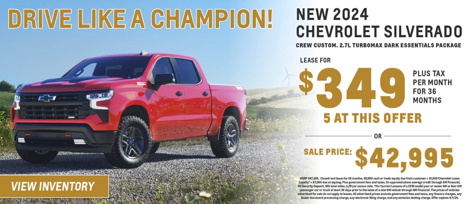 New 2024 Chevrolet Silverado
Lease for $349 plus tax per month for 36 months
5 at this offer
0r
Sale Price $42,995