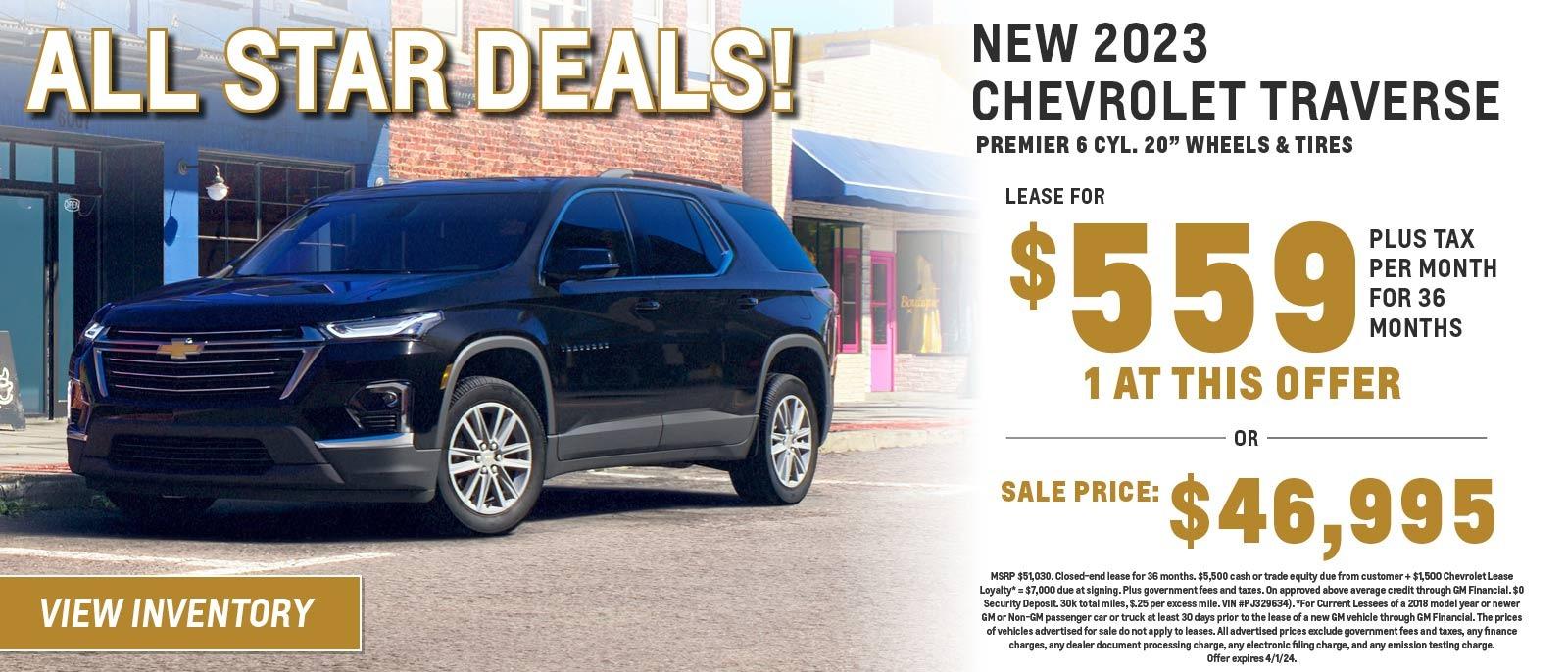New 2023 Chevrolet Traverse
Lease for $559 plus tax per month for 36 months
1 at this offer
0r
Sale Price $46,995