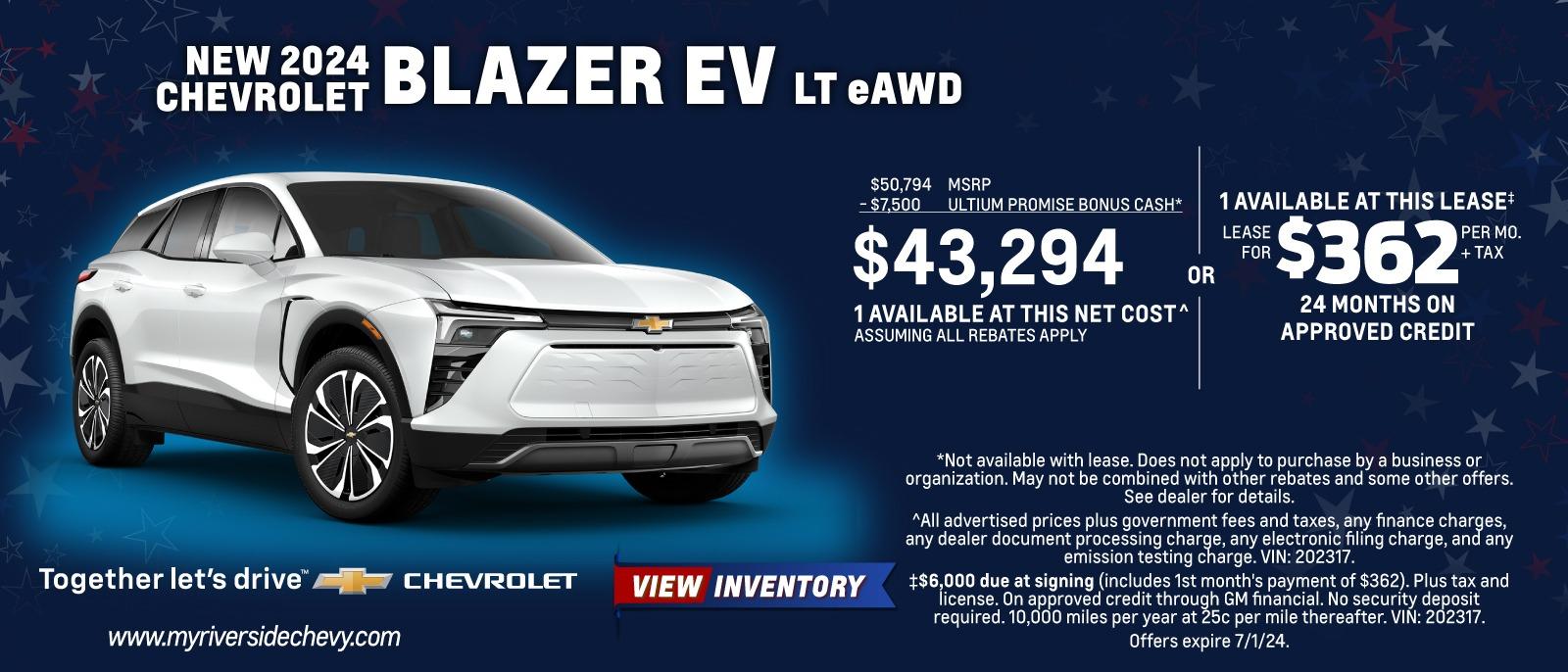 New 2024 Chevy  Blazer EV LT EAWD - $50,794 MSRP -$7,500 ULTIUM PROMISE BONUS CASH* $43,294 1 AVAILABLE AT THIS NET COST