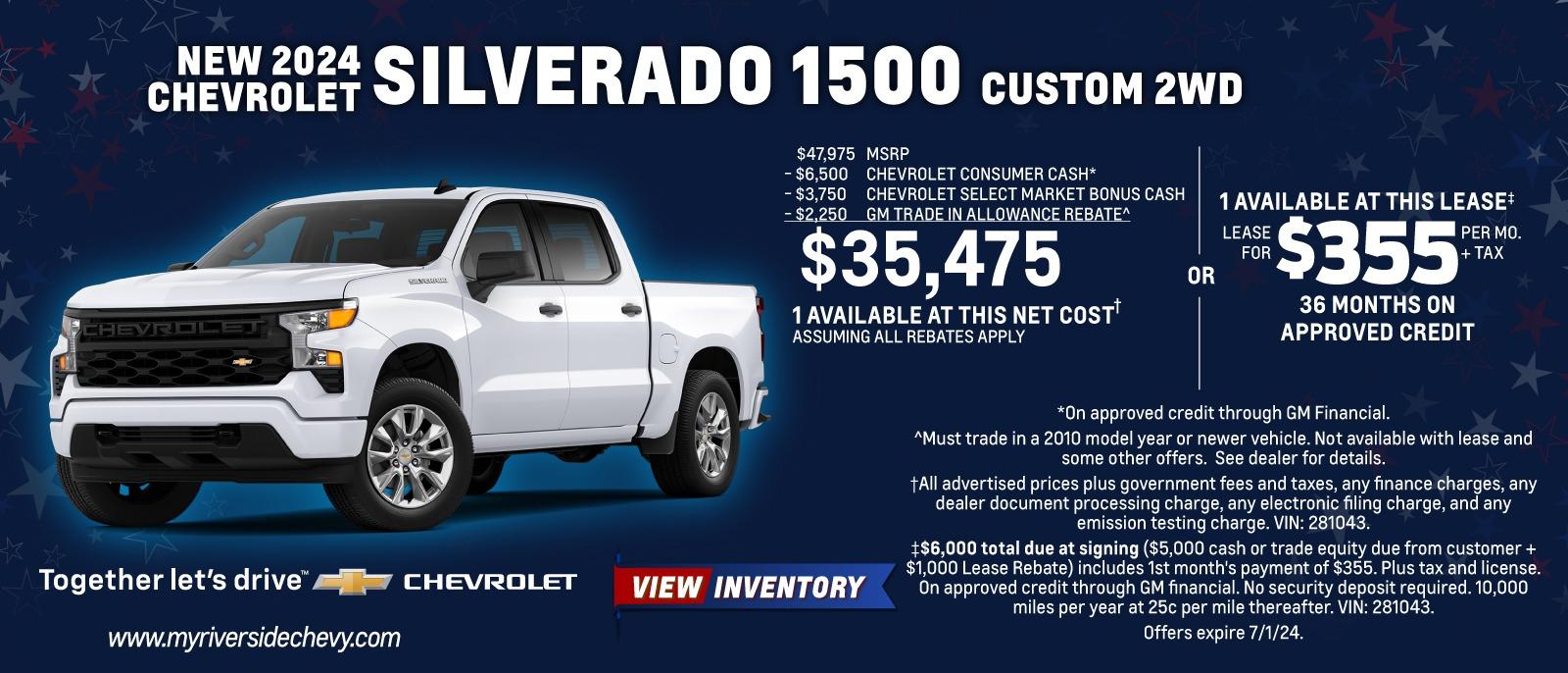 New 2024 Chevy Silverado 1500 Custom 2WD - $47,975 MSRP -$6,500 CHEVROLET CONSUMER CASH* - $3,750 CHEVROLET SELECT MARKET BONUS CASH -$2,250 GM TRADE IN ALLOWANCE REBATE^ $35,475