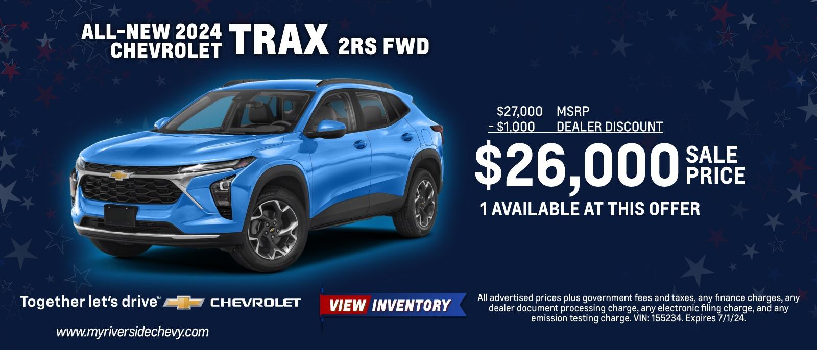 New 2024 Chevy  Trax 2RS FWD - $27,000 MSRP - $1,000 DEALER DISCOUNT $26,000 SACE PRICE 1 AVAILABLE AT THIS OFFER