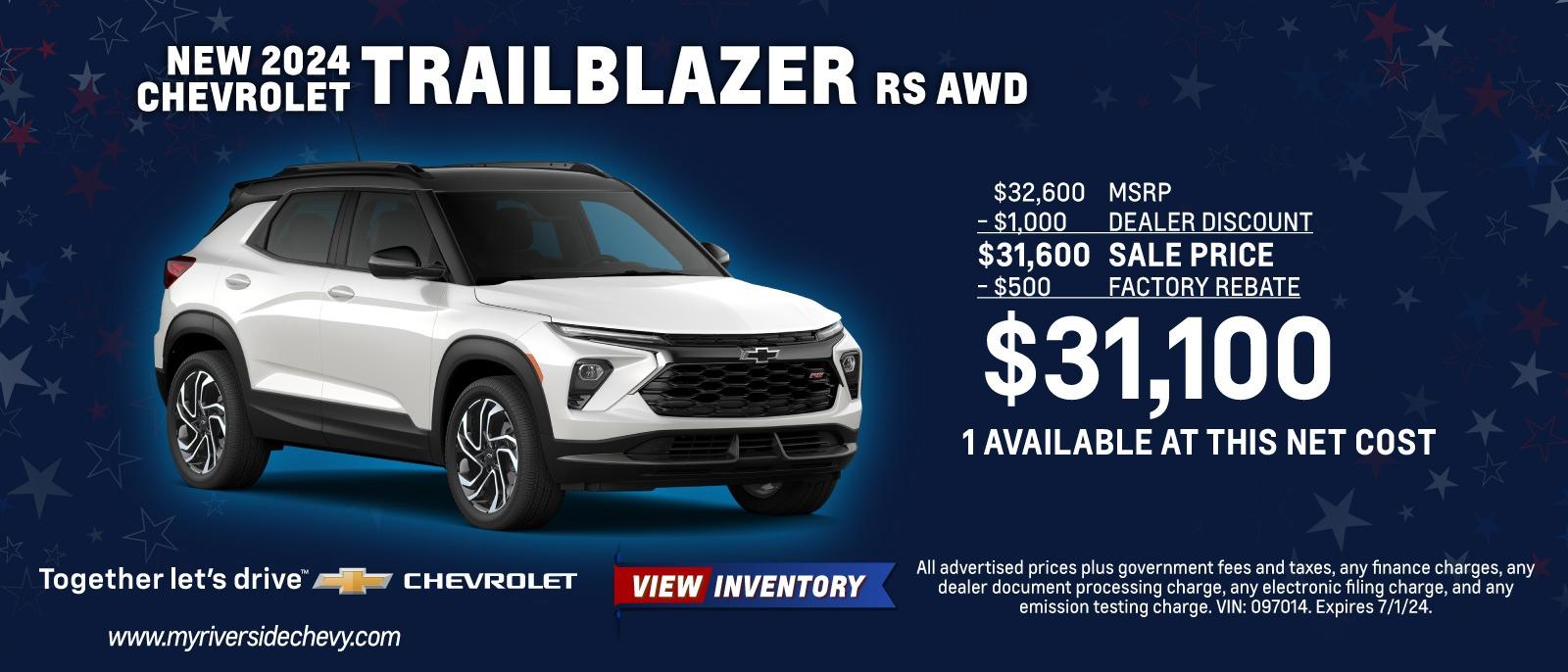 New 2024 Chevy  Trailblazer Rs AWD - $32,600 MSRP - $1,000 DEALER DISCOUNT $31,600 SALE PRICE - $500 FACTORY REBATE $31,100 1 AVAILABLE AT THIS NET COST