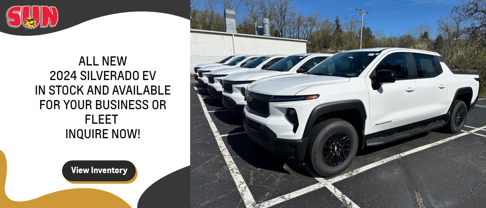 All new 2024 Silverado EV in stock and available now for your Business or Fleet.
Inquire Now!