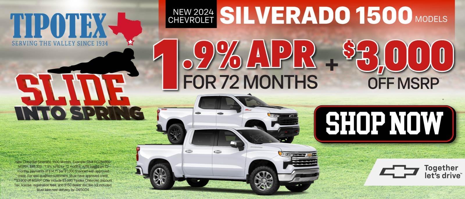 New 2024 Chevrolet Silverado 1500 Models - 1.9% APR For 72 Months* Plus $3,000 Off MSRP** - Act Now