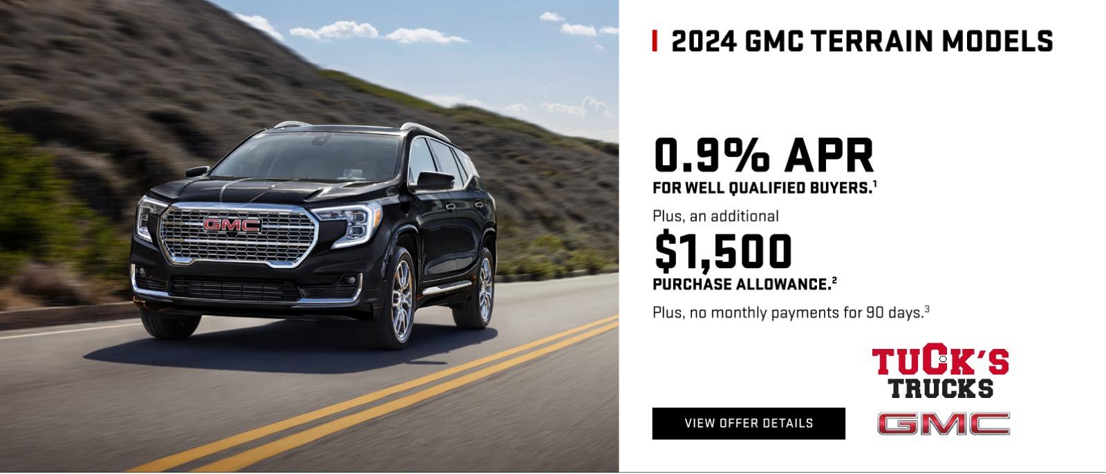 2024 GMC Terrain with 0.9% APR for well-qualified buyers. Plus, receive an additional $1,500 PURCHASE ALLOWANCE. Plus, no monthly payments for 90 days