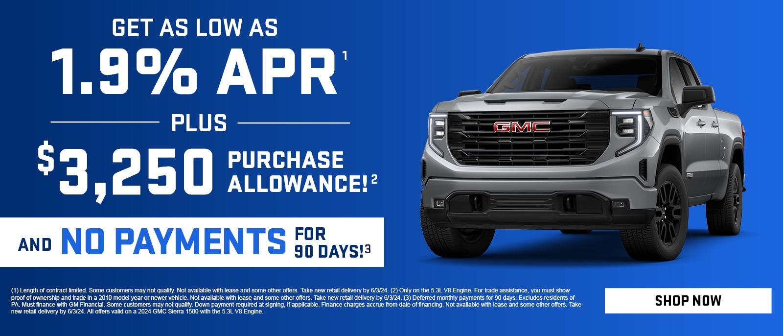 Get as low as
1.9% APR
Plus
$3,250 purchase allowance!
And No payments for 90 days!