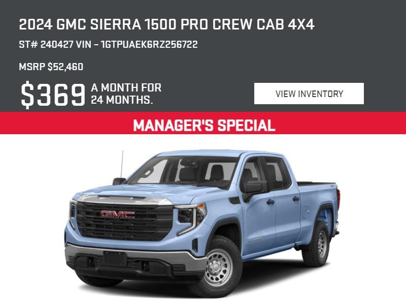 2024 GMC Sierra 1500 Pro Crew Cab 4x4 - ST# 240427 VIN – 1GTPUAEK6RZ256722 MSRP $52,460.