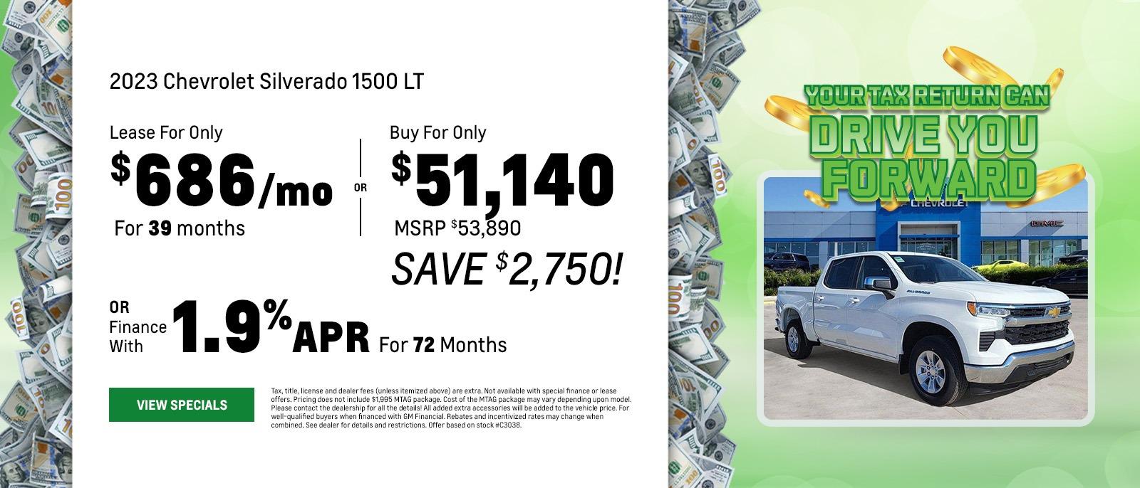 2023 Chevrolet Silverado 1500 LT Lease For Only $686/mo For 39 months OR Buy For Only $51,140 MSRP $53,890 SAVE $2,750! OR Finance With 1.9% APR For 72 Months