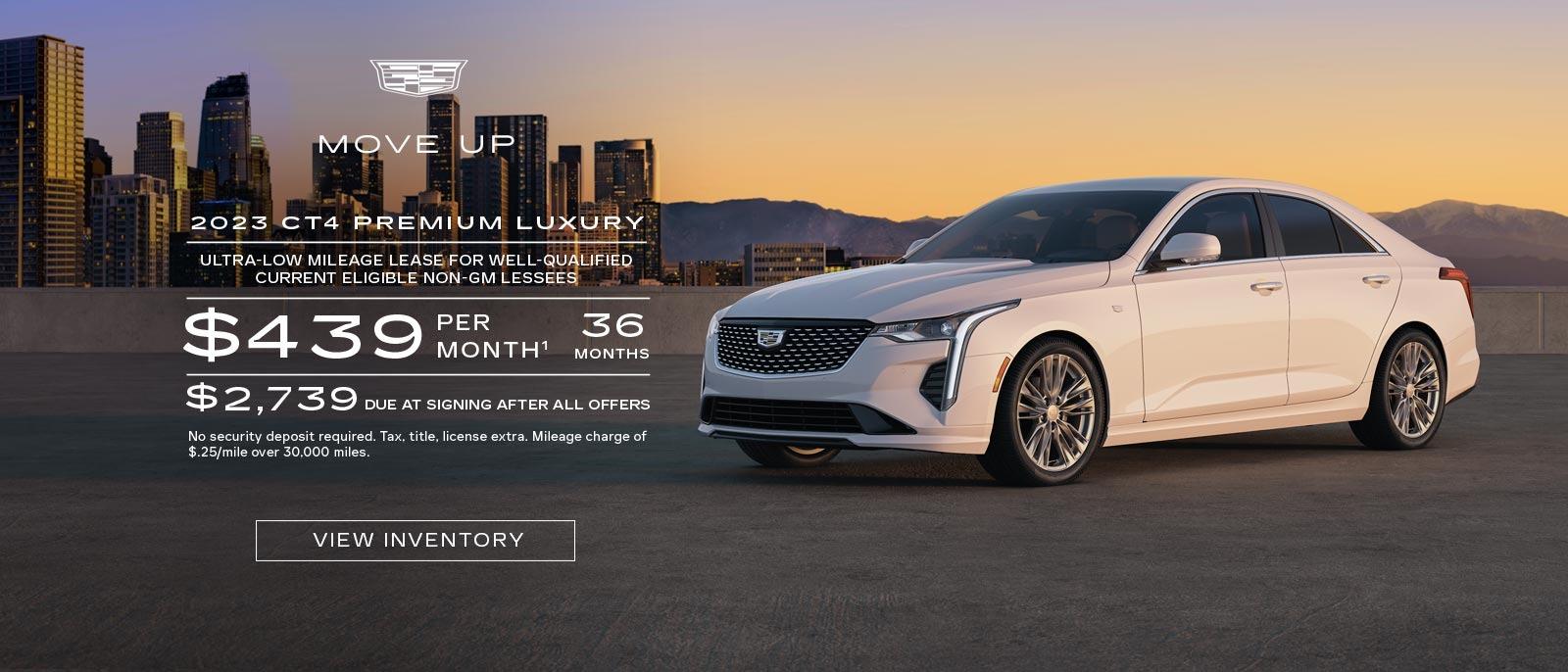 ULTRA-LOW MILEAGE LEASE FOR WELL-QUALIFIED CURRENT ELIGIBLE CADILLAC LESSEES
$439PER MONTH¹ 36 MONTHS
$2,739 DUE AT SIGNING AFTER ALL OFFERS
No security deposit required. Tax, title, license extra. Mileage charge of $.25/mile over 30,000 miles.