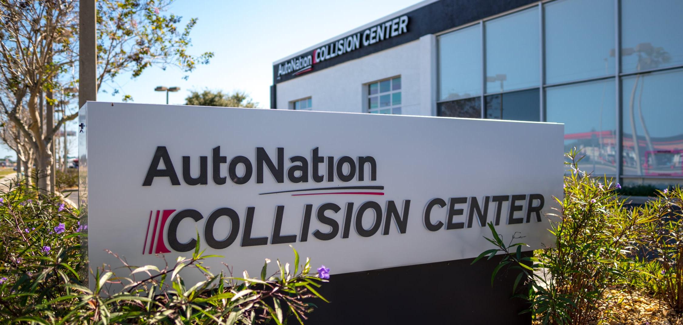 View of AutoNation Collision Center sign at AutoNation Chevrolet West Amarillo