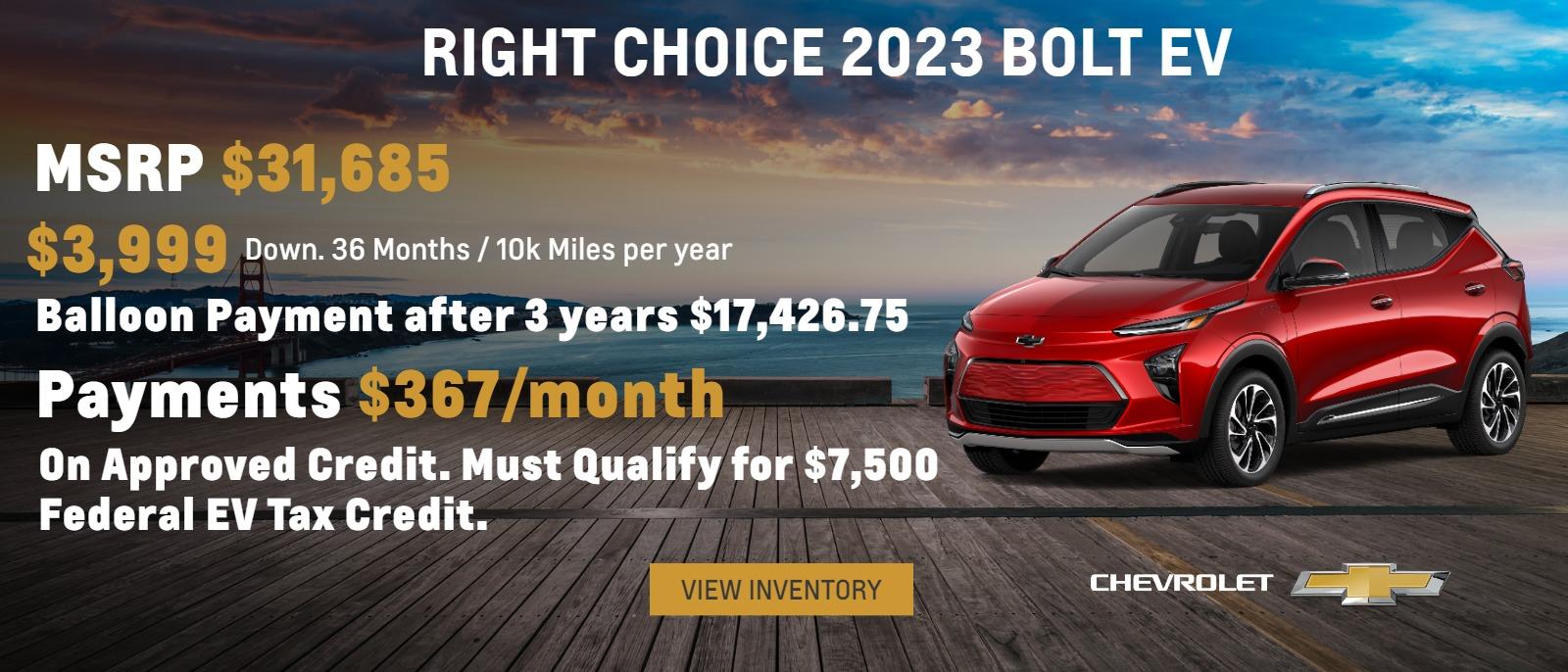 MSRP $31,685
$3999 Down
36 Months / 10k Miles per year
Balloon Payment after 3 years $17,426.75
Payments $367/month
For Unapproved Credit. Must Qualify for $7,500 Federal EV Tax Credit.