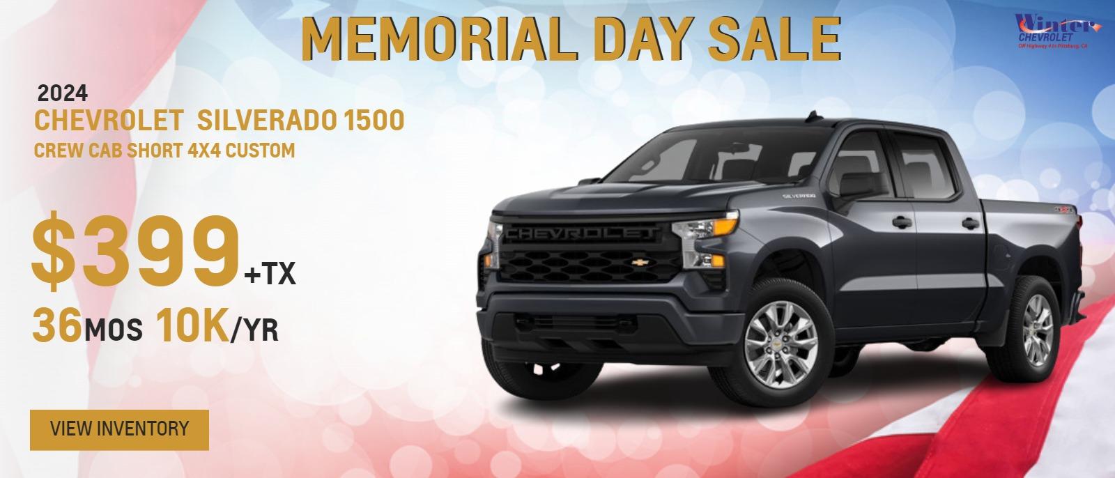 2024 Silverado Crew Cab Short 4x4 Custom
MSRP $52,850
$4,999 cash from customer
$399+tx
36mos
10k/yr

Disclosure: Lease based on New 2024 Chevy Silverado Crew Cab 4x4 Custom (RZ177636, RZ194609). MSRP of $52,850 - $8,499 due at lease signing including $4999 from customer, $2500 Chevy Loyalty Rebate, $1000 Chevy Incremental CCR Rebate, $399 first monthly payment, plus taxes, titles, license and documentary service fees. No security deposit required. Option to purchase at lease end $35,409.50. Lessee is responsible for $.25 per mile over 10,000 miles/year, excess wear, and a $395 termination fee. Offer Expires 06/03/2024.
