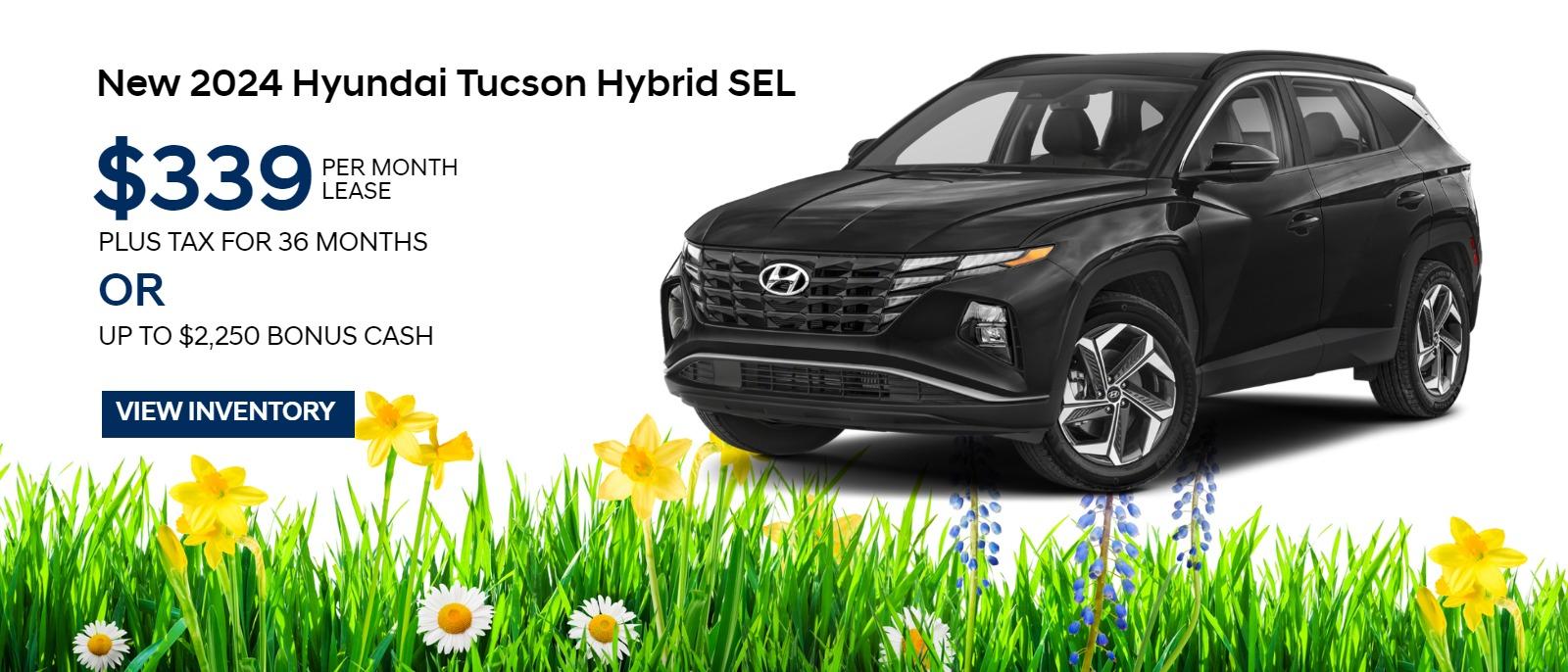 New 2024 Hyundai Tucson Hybrid SEL
$339/Mo. Lease + tax for 36 months*
OR up to $2,250 Bonus Cash