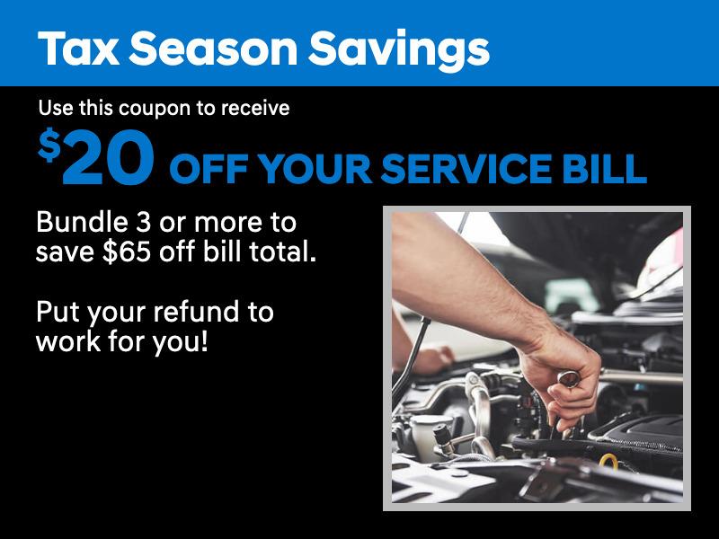 Tax Season Savings
Use this coupon to receive $20 off your service bill.
Bundle 3 or more to save $65 off bill total.
Put your refund to work for you!