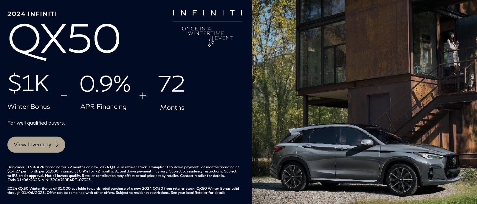 2024 Infiniti QX50
$1K winter bonus + 0.9% APR financing + 60 months
For well qualified buyers