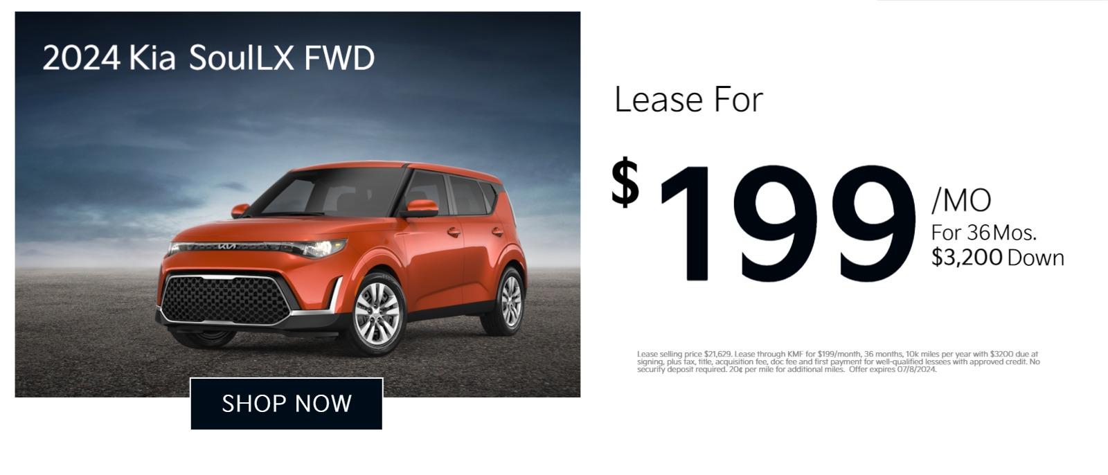2024 Kia Soul LX FWD
Lease for
$199/mo
For 36 Months. $3,200 Down