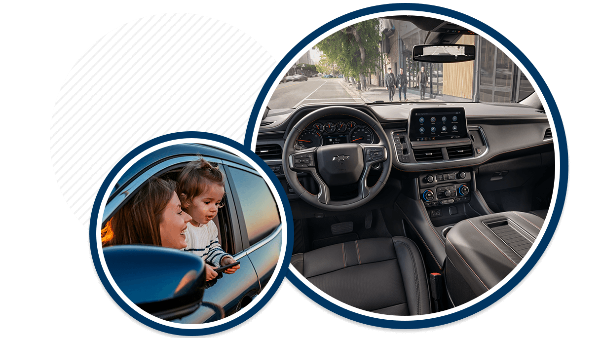 Woman and child looking outside car window and interior of vehicle.