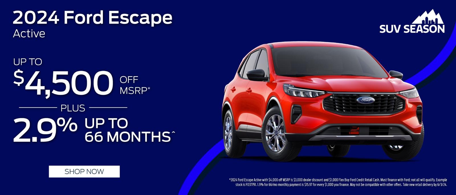 2024 Ford Escape $4,500 off MSRP plus 2.9%up to 66 months