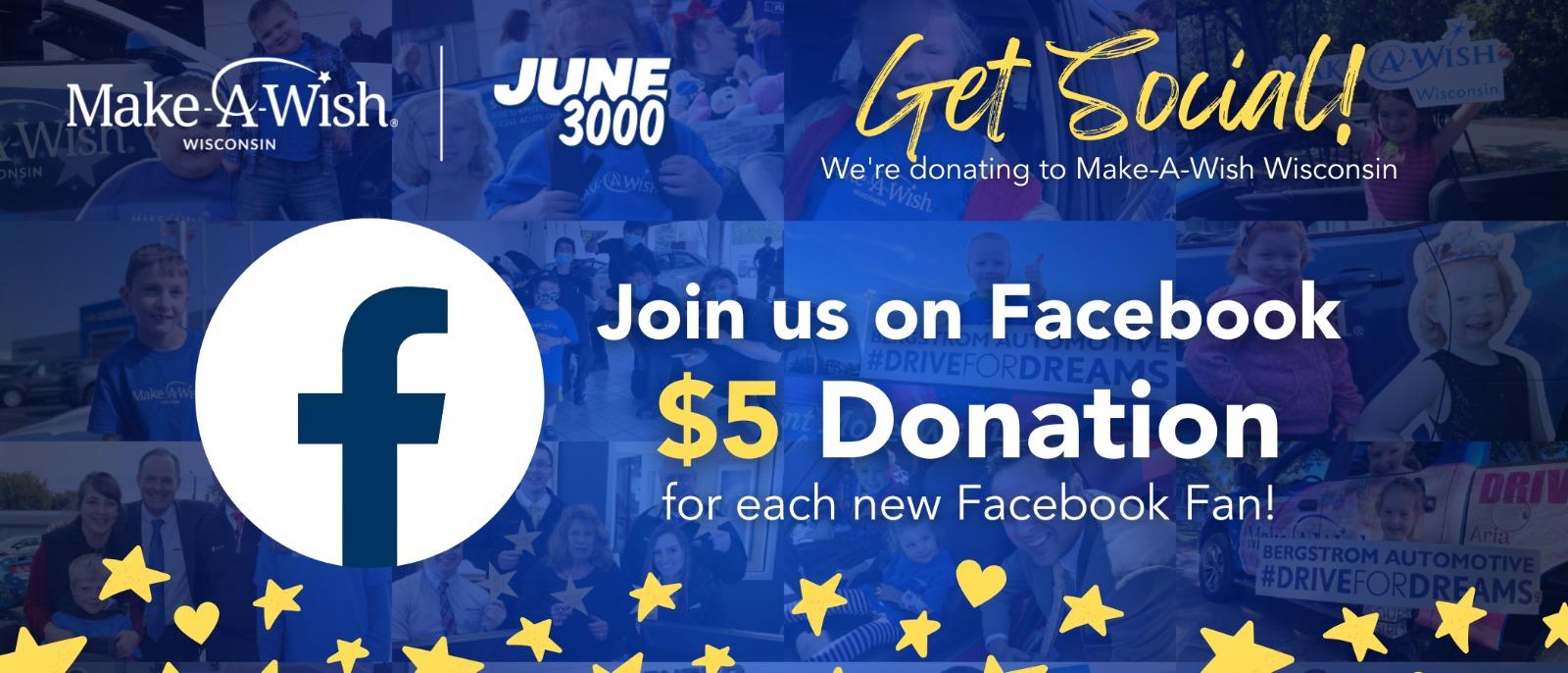 Get Social join us on Facebook $5 donation for each new Facebook Fan!