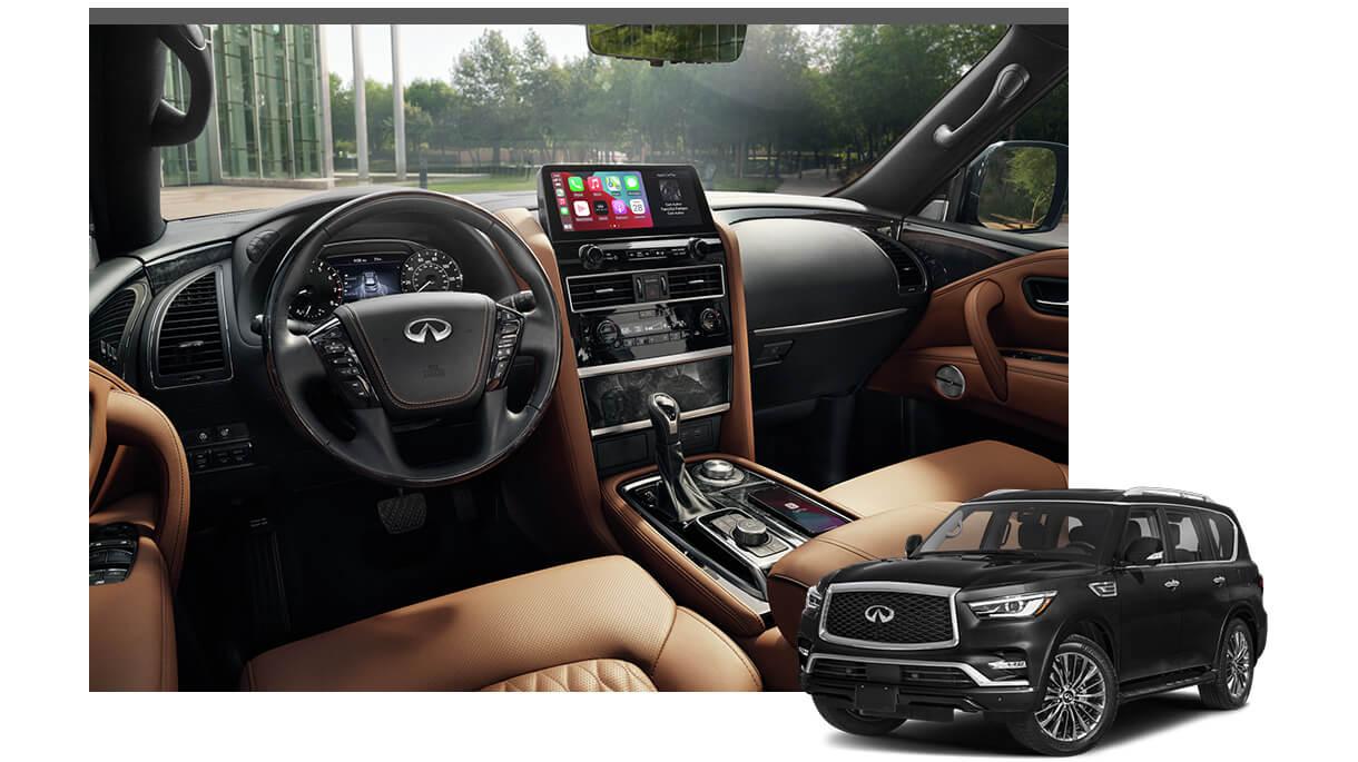 Black INFINITI QX80 with the vehicle interior in the background