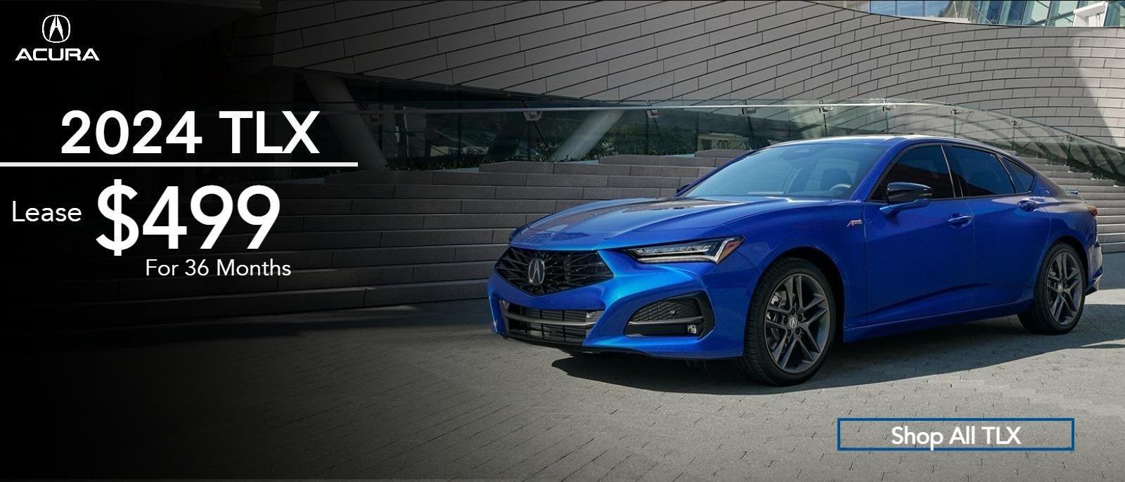 Acura TLX Parked outdoor 

Lease $499* Per month for 36 months. $5,299 Total due at signing.

*Closed-end lease for 2024 TLX TECH 10 Speed Automatic vehicles (UB5F4RGNW) available from May 1, 2024 through July 1, 2024, available to well-qualified lessees approved by Acura Financial Services. Not all lessees will qualify. Higher lease rates apply for lessees with lower credit ratings. Lease offers vary based on MSRP. MSRP $46,195.00 (includes destination; excludes taxes, titles, license and documentary service fees). Actual net capitalized cost $40,705.58. Net capitalized cost includes $595 acquisition fee. Dealer contribution may vary and could affect actual lease payment. Total monthly payments $17,964.00. Option to purchase at lease end $25,407.25.
Must take new retail delivery of vehicle from dealer stock by July 1, 2024. Lessee responsible for maintenance, excessive wear/tear and 15¢/mile over 10,000 miles/year for vehicles with MSRP less than $30,000, and 20¢/mile over 10,000 miles/year for vehicles with MSRP of $30,000 or more. See your Acura dealer for complete details.