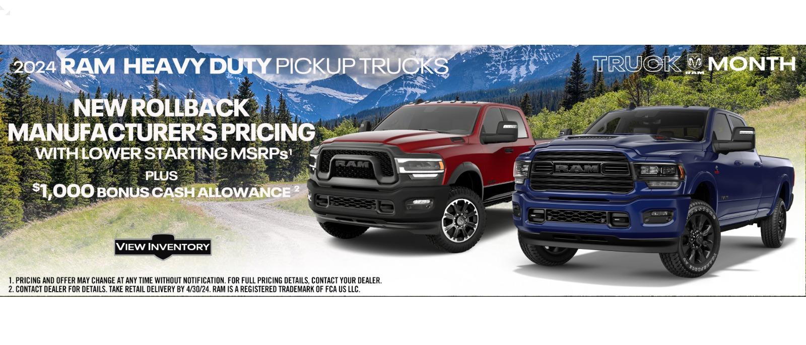 2024 RAM Heavy duty pickup trucks
$1,000 bonus cash allowance