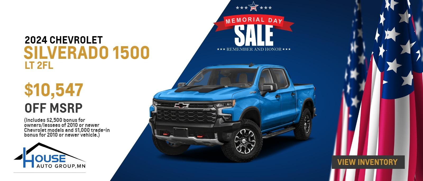 2024 Silverado 1500 LT 2FL Trucks - $10,547 Off MSRP! (Includes $2,500 bonus for owners/lessees of 2010 or newer Chevrolet models and $1,000 trade-in bonus for 2010 or newer vehicle.)