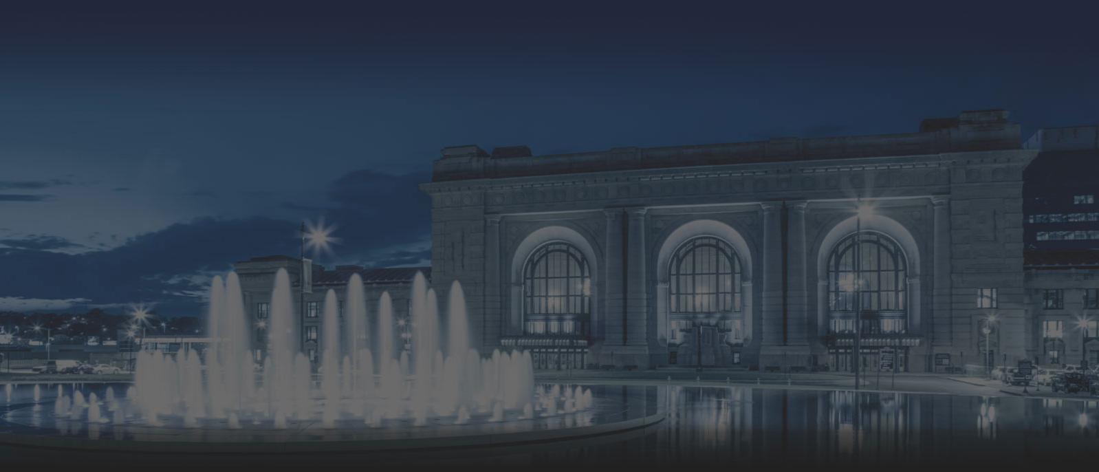 Union Station and the Henry Wollman Bloch Memorial Fountain at dusk.