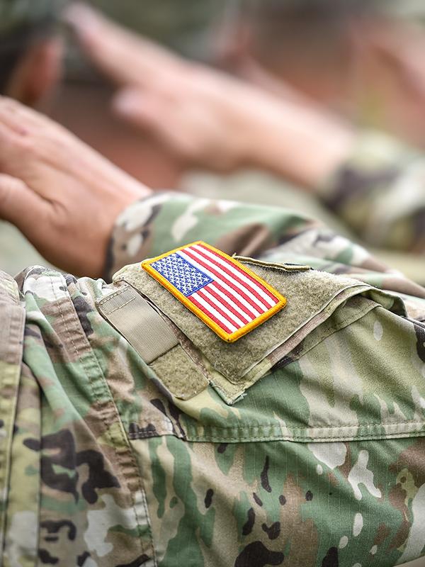 Military camouflage uniform close-up of soldiers saluting.