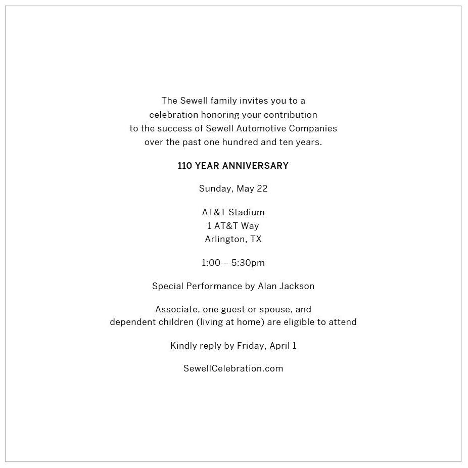 Sewell 110 Anniversary Invitation