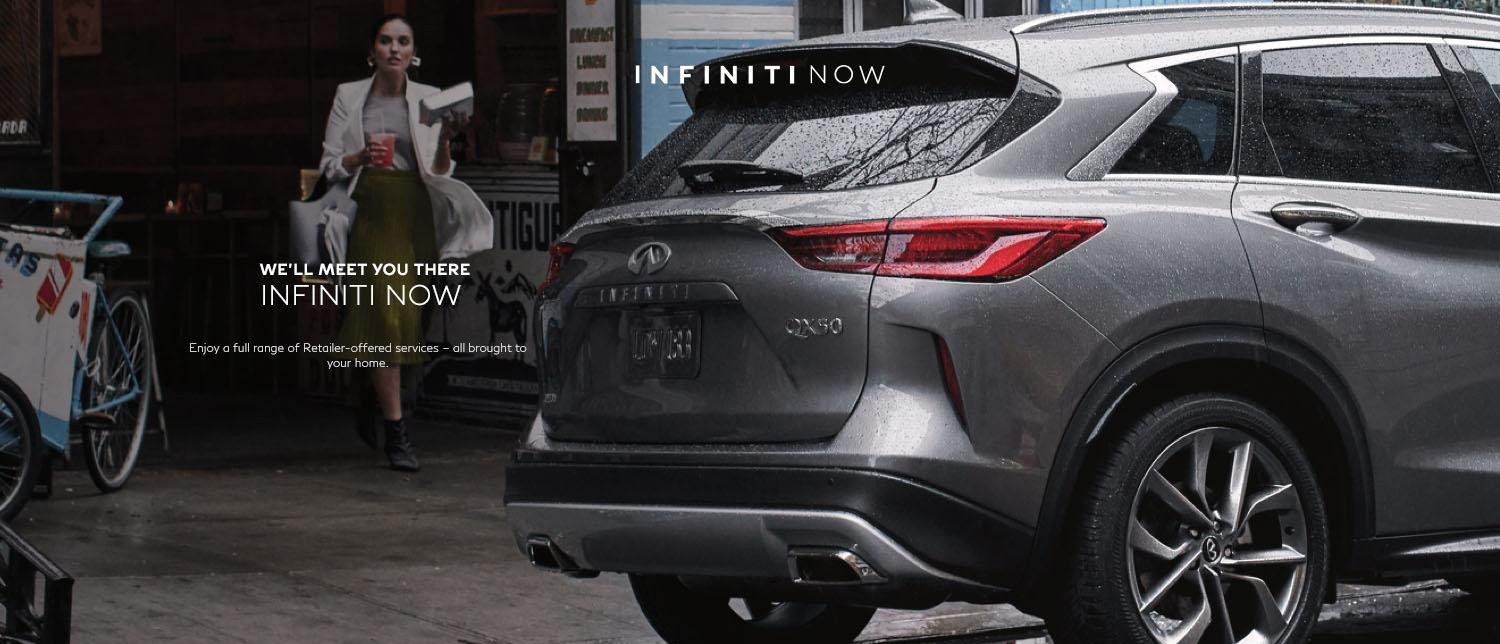 INFINITI NOW - Enjoy a full range of retailer services, all brought to your home. Image of woman walking to INFINITI vehicle.