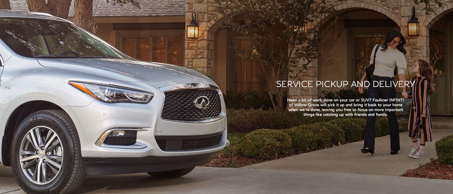 Need a bit of work done on your car or SUV? Faulkner INFINITI of Willow Grove will pick it up and bring it back to your home when they’re done, leaving you free to focus on more important things like catching up with friends and family. Image of woman and daughter walking to INFINITI vehicle.