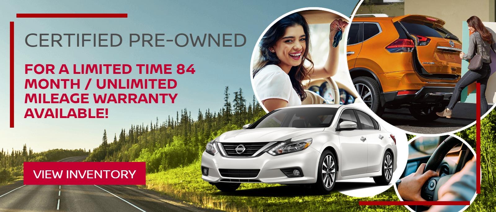 Nissan Certified Inventory for a limited time 84 month/ unlimited mileage warranty available