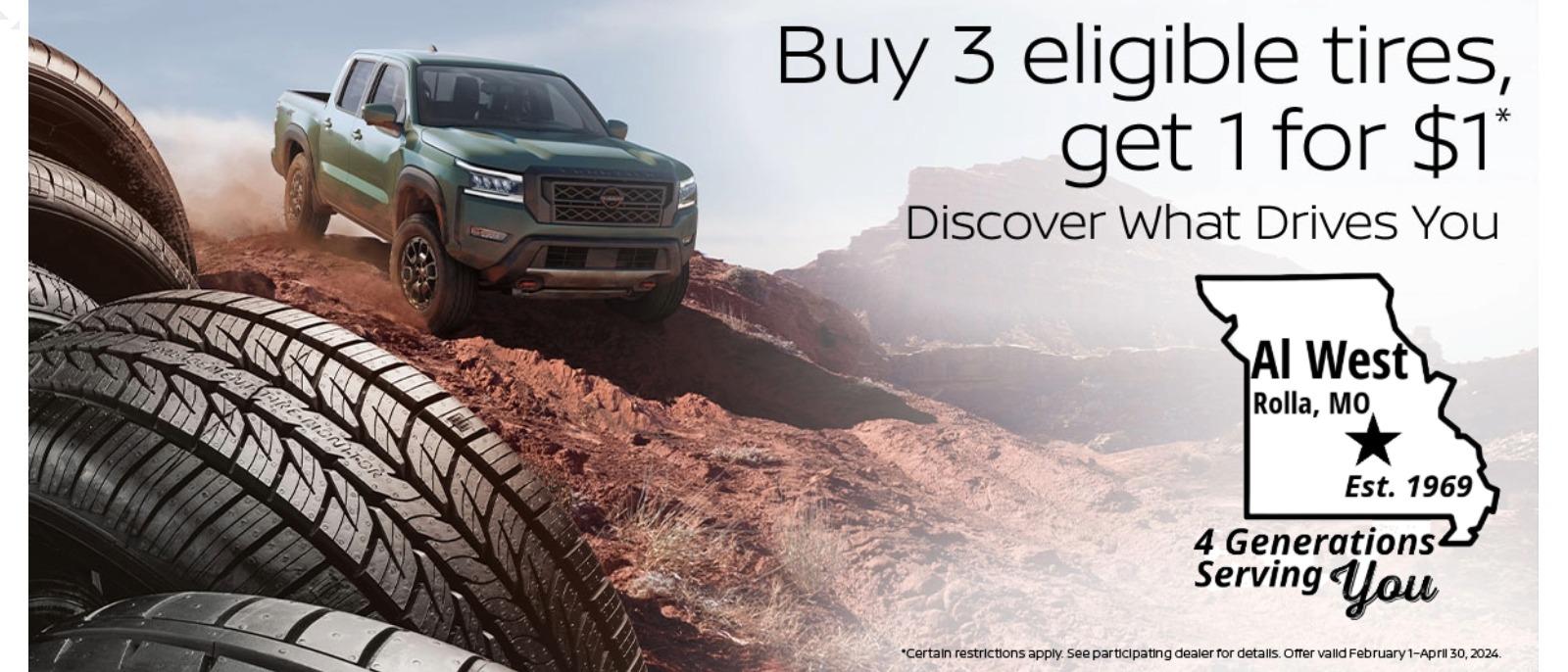 Buy 3 eligible tires, get 1 for $1*
Discover What Drives You