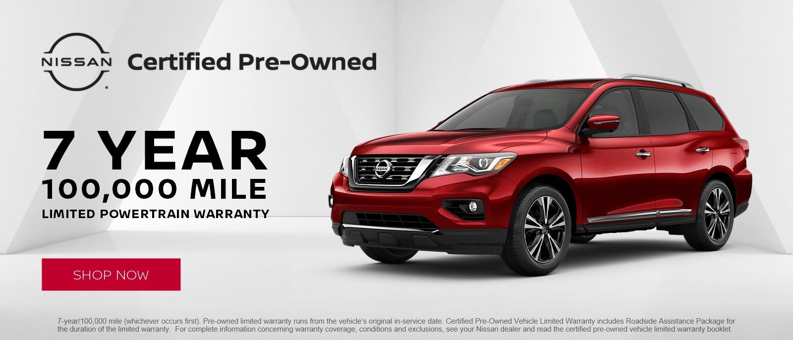 NISSAN Certified Pre-Owned
7 Year / 100,000 Mile Limited Powertrain Warranty
Shop Now