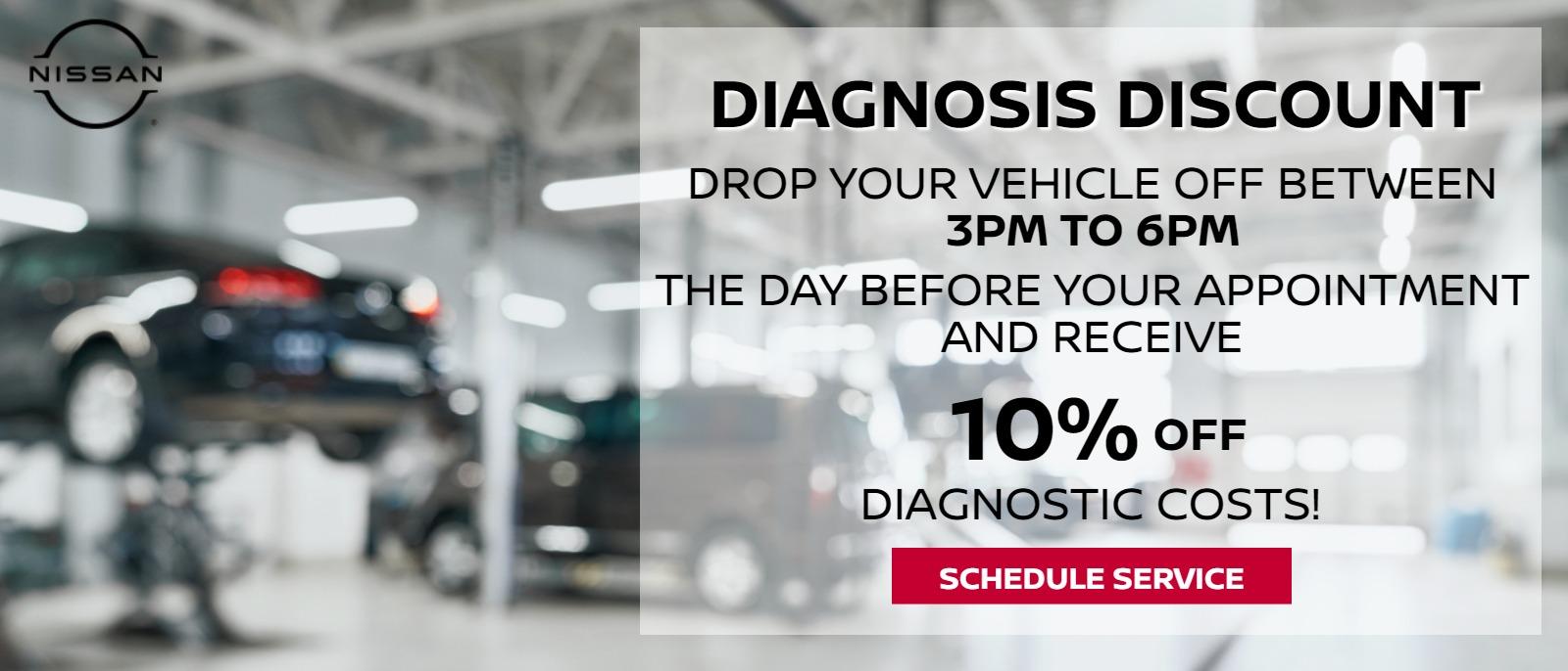 Diagnosis Discount
Drop your vehicle off
between 3pm - 6pm
the day before your appointment
and receive 10% off diagnostic costs!