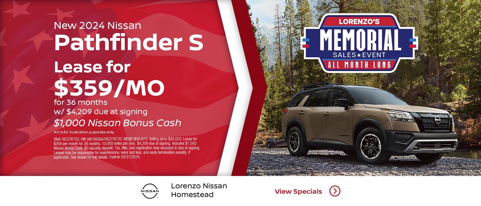 2023 Nissan PATHFINDER S
STOCK #RC276733
MSRP: $38,670
SELLING PRICE: $35,020
Lease for $359 + tax per month
36 months | 10000 miles | $4209 down payment
$1000 BONUS CASH