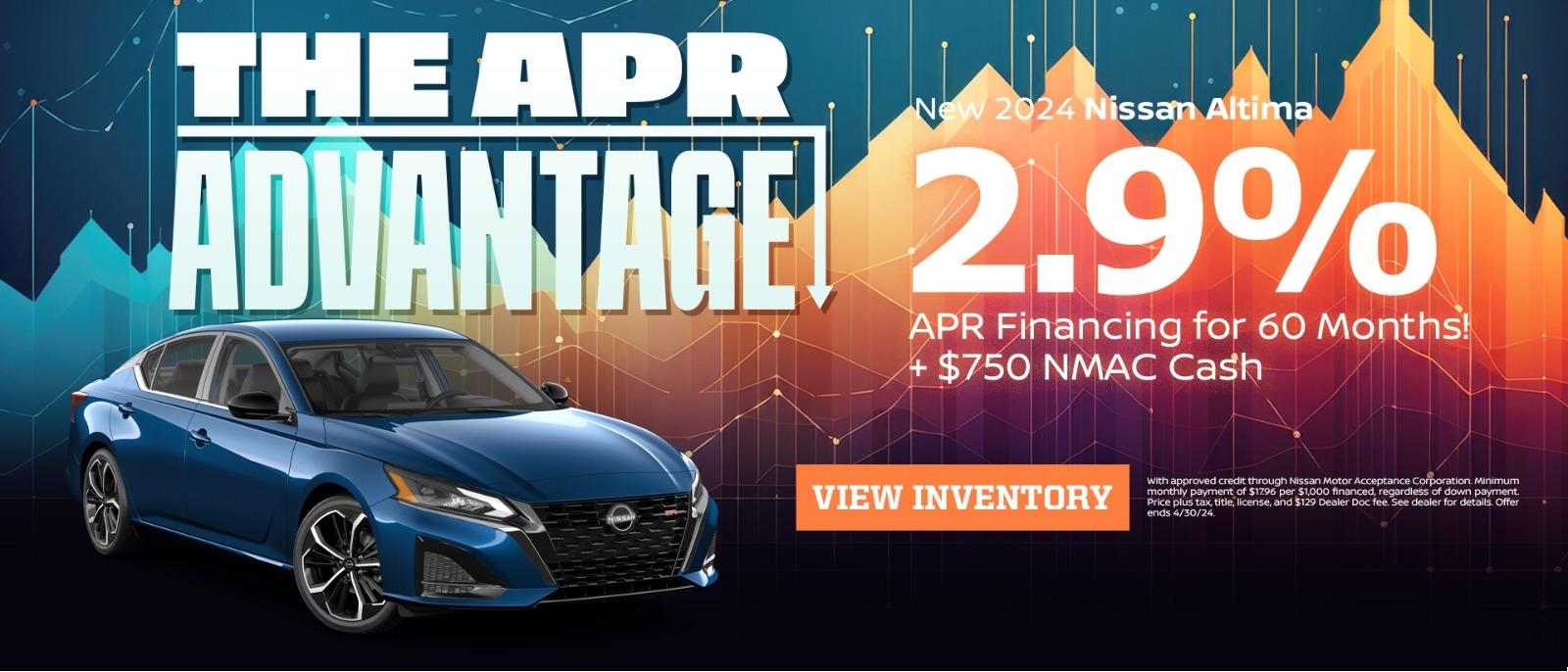 New 2024 Nissan Altima
2.9% APR Financing for 60 Months + $750 NMAC Cash
