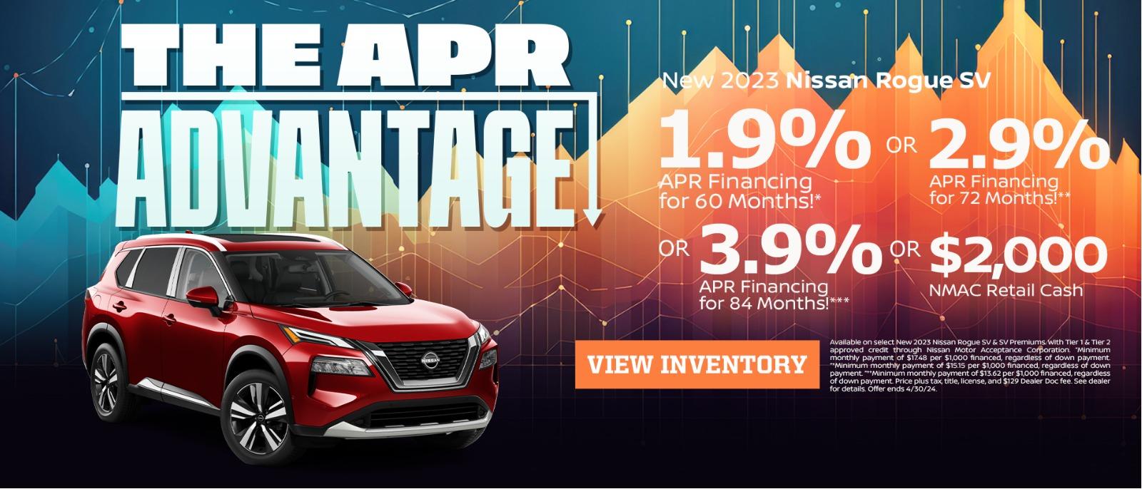 New 2023 Nissan Rogue SV
1.9% APR Financing for 60 Months
Or
2.9% APR Financing for 72 Months
Or
2.9% APR Financing for 84 Months!***
Or
$2,000 NMAC Retail Cash
