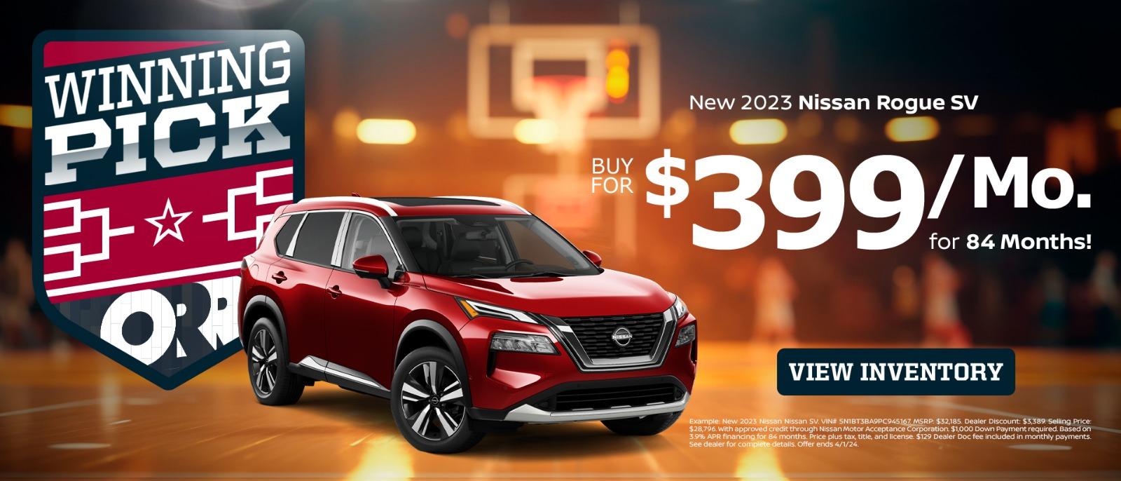 New 2023 Nissan Rogue SV
1.9% APR Financing for 60 months OR 2.9% APR Financing for 72 months OR
3.9% APR Financing for 84 months OR $2,000 NMAC Retail Cash