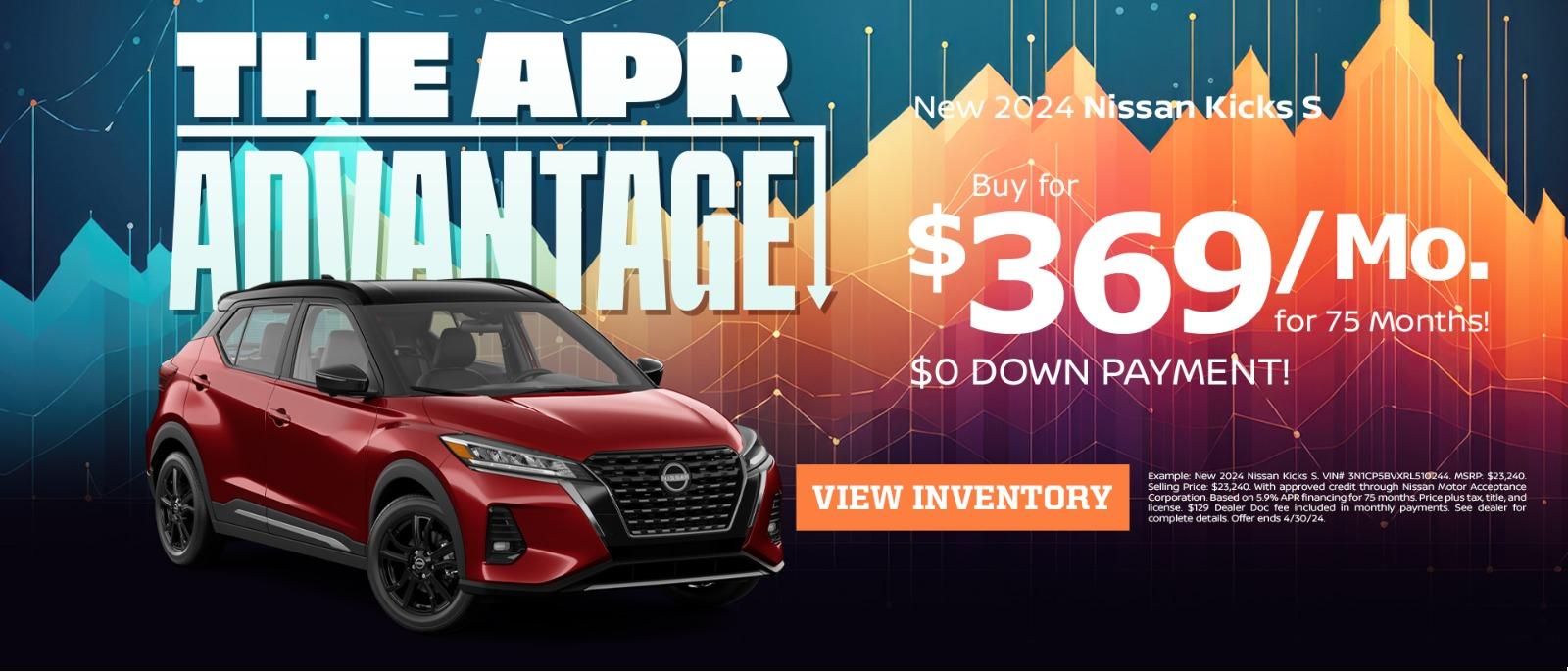 New 2024 Nissan Kicks S
Buy for $369/mo for 75 months!
$0 down payment!