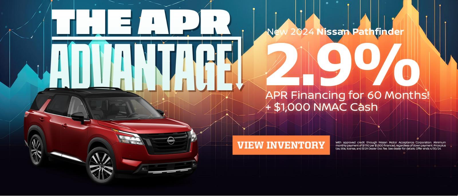 New 2024 Nissan Pathfinder 
2.9% APR Financing for 60 Months + $1,000 NMAC Cash